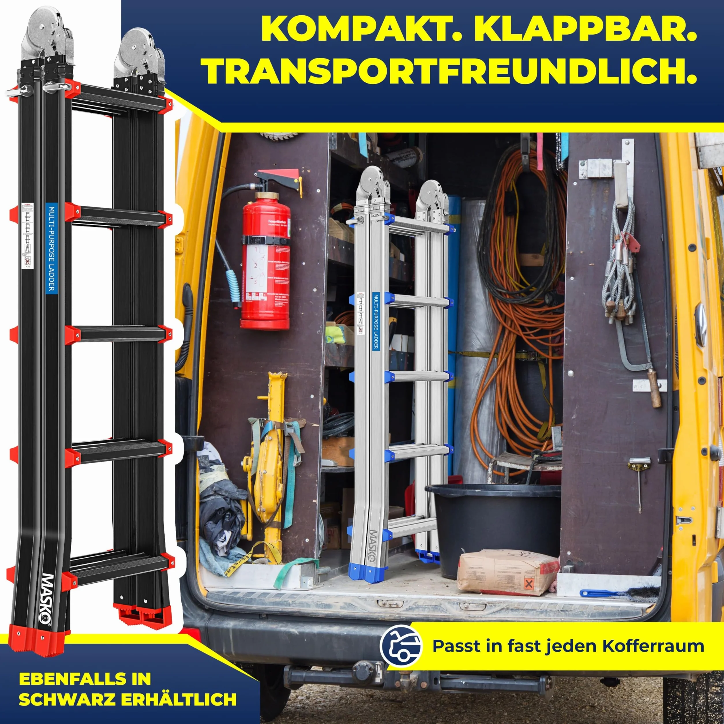 MASKO® Drabina aluminiowa Drabina wielofunkcyjna 5,10m 4x5 szczebli Drabina teleskopowa ✓ Drabina składana ✓ Drabina pojedyncza ✓ Drabina kozłowa ✓ Drabina wysuwana ✓ Drabina dwustronna i schodowa