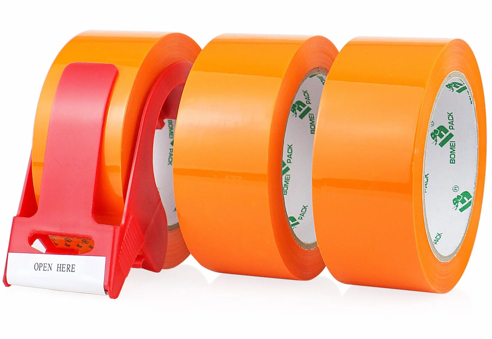 BOMEI PACK 3 rolki pomarańczowej taśmy pakowej, taśma klejąca, taśma kartonowa, 66 m x 48 mm, materiały do pakowania opakowań i kartonu, taśma pakowa z dozownikiem z tworzywa sztucznego