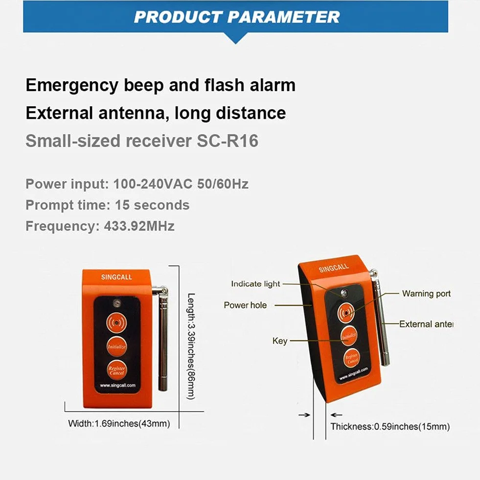 SINGCALL Domowy system alarmowy Bezprzewodowy opiekun Pager Alarm wezwania pielęgniarki dla starszego starszego pacjenta Dziecko Lekki wygodny, 1 odbiornik wtykowy 1 przycisk,Ten pakiet zawiera 1 odbiorników typu host(SC-R16),2 dzwonków wywoławczych(APE16