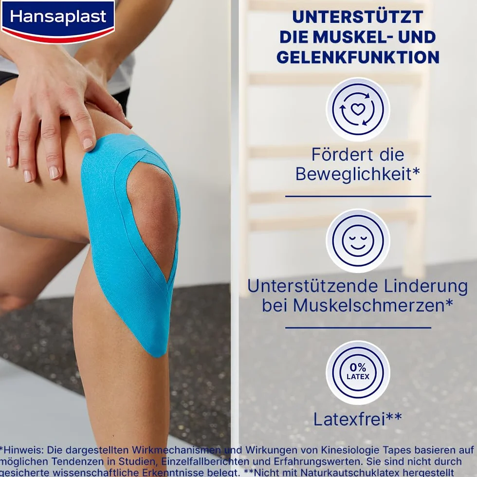Hansaplast Taśma kinezjologiczna, wodoodporna taśma sportowa łagodzi bóle mięśni i wspomaga krążenie krwi, taśma kinesio zapewnia wsparcie stawów i mięśni*, 1 rolka, niebieska