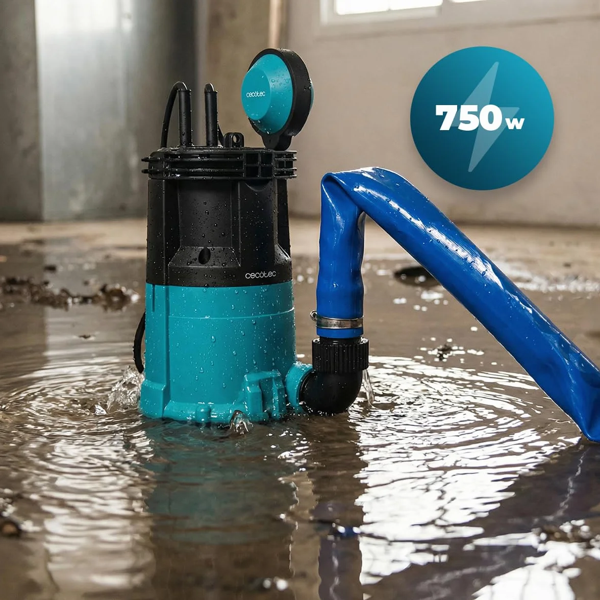 Cecotec Neptunus 750 Zatapialna pompa ciemna i kryształowa 750 W, 2w1 woda czysta i brudna, 14000 l/h, funkcja niskiego zasysania, wysokość 7,5 m, głębokość 7 m, przełącznik pływakowy, IPX8, kabel 10