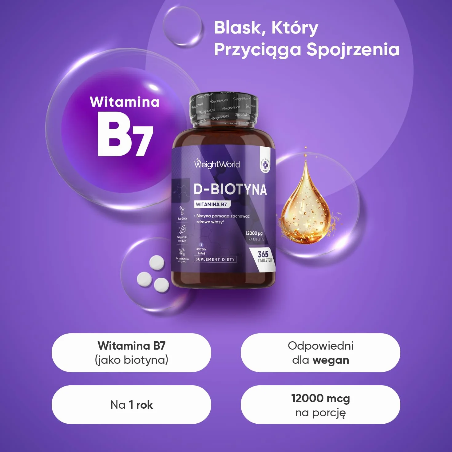 Biotyna 12 000 mcg – 365 tabletek suplementu witaminy B7 dla kobiet i mężczyzn, Biotyna przyczynia się do utrzymania prawidłowego stanu włosów (EFSA) – na 1 rok, wegańska