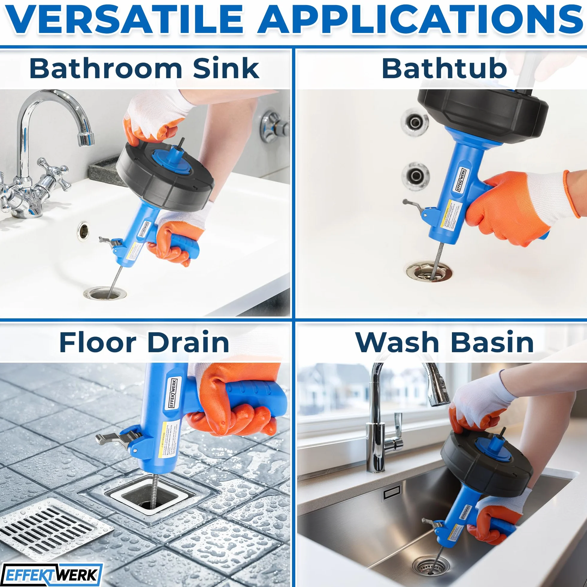 Drain Auger Drill Attachment with 7.6 m Plumbing Snake, Gloves, and Storage Bag - Pipe Clog Remover for Bathtub, Bathroom/Kitchen Sink and Shower Drains