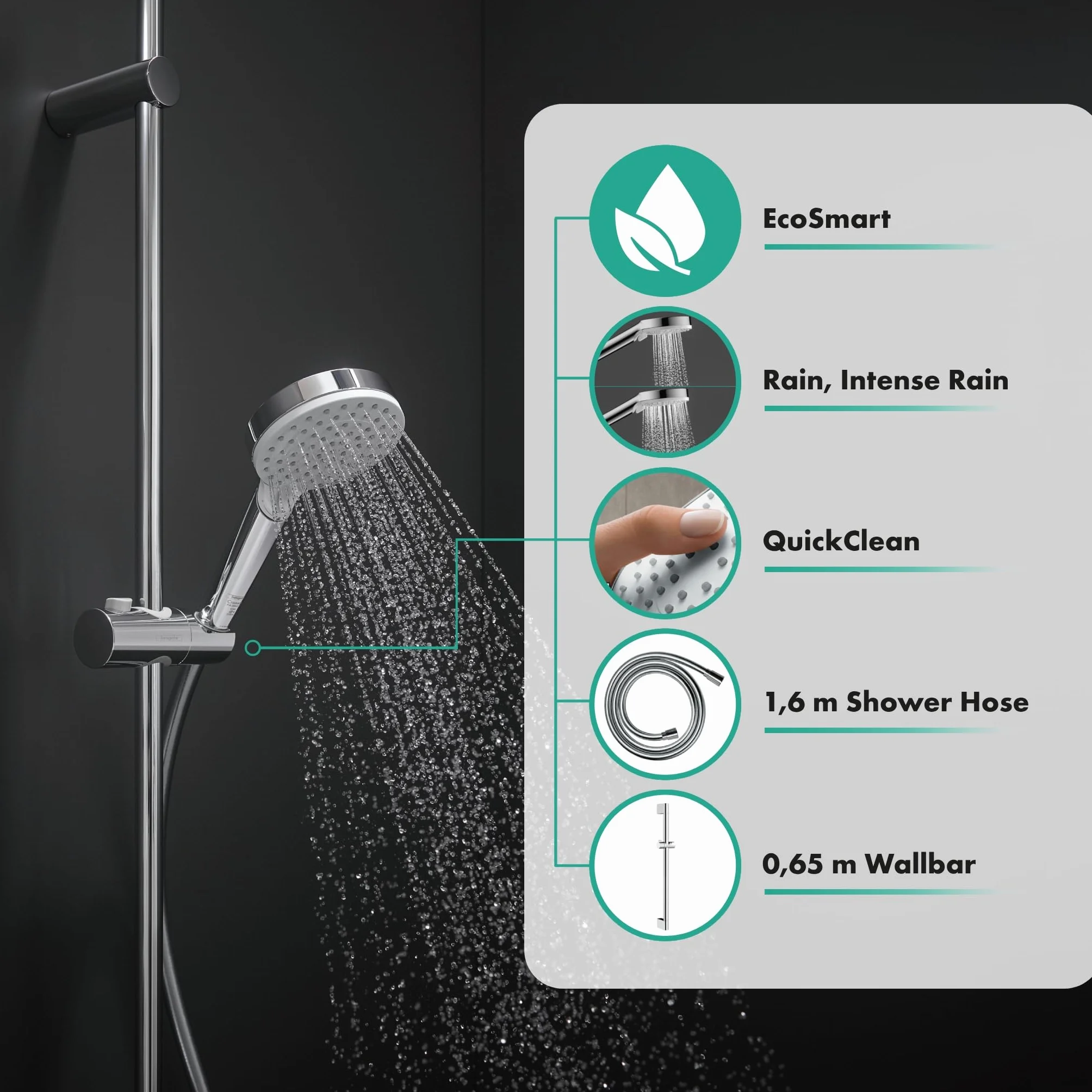 hansgrohe Crometta Zestaw prysznicowy Vario EcoSmart 9 l/min z drążkiem 65 cm biały/chrom, 26534400
