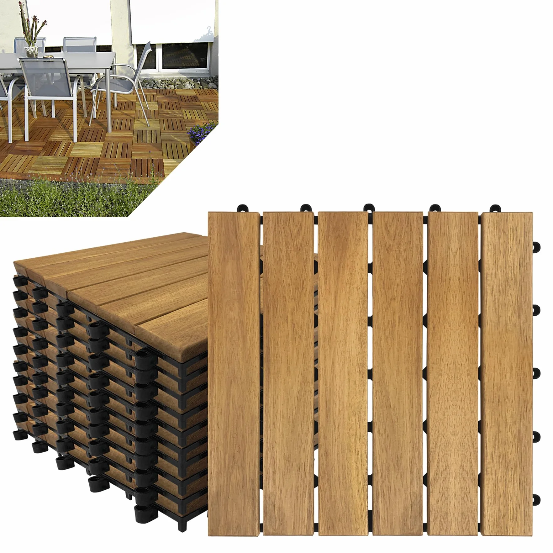 Froadp 30x30cm Płytki z Drewna Akacjowego Tarasowe i Balkonowe z Kratką Drenażową z Tworzywa sztucznego Zestaw płytek drewnianych z System Kliknięć Podłogowe na Balkon i Taras (1m²/11 Sztuk, Typ A)