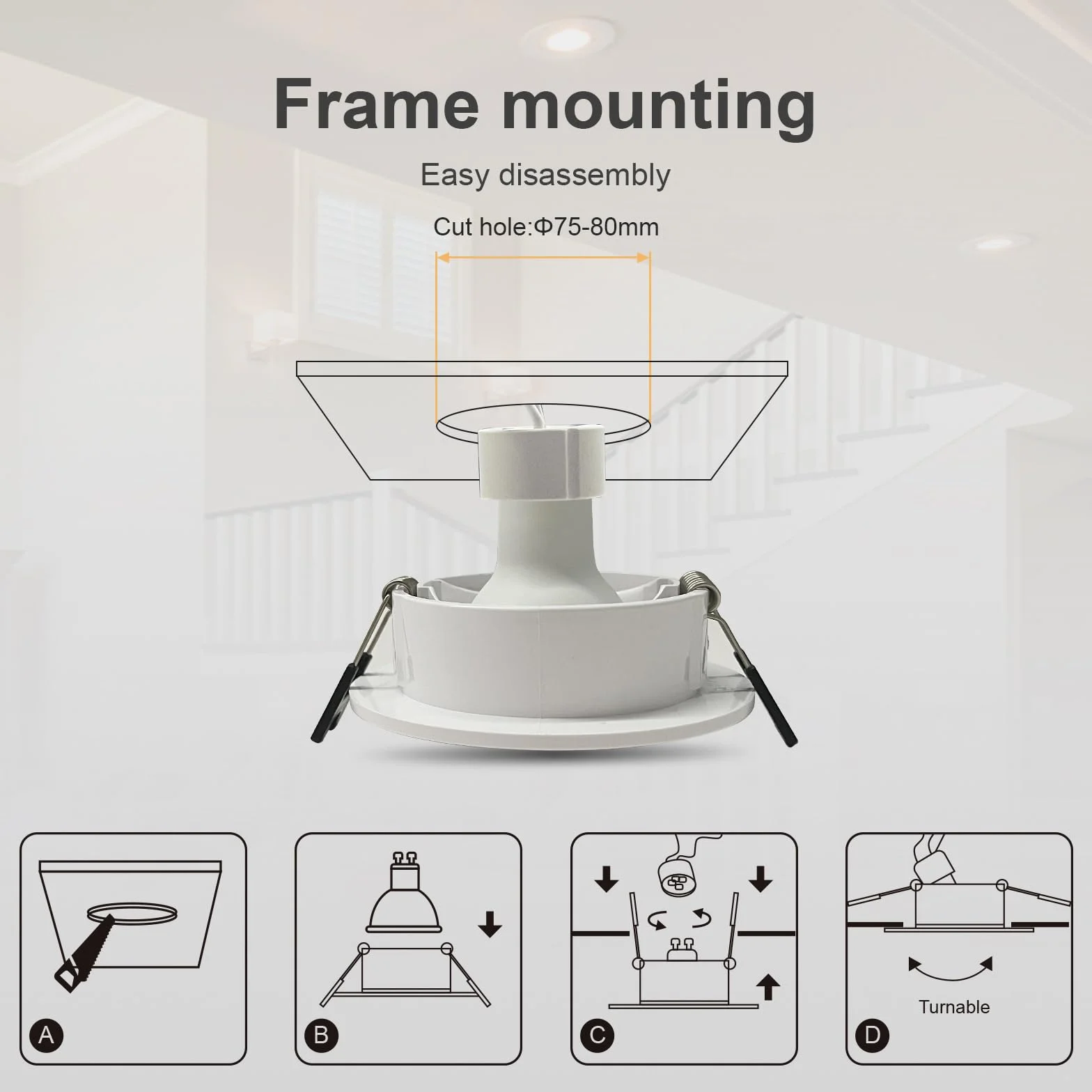 GY Ramka do reflektorów wpuszczanych GU10, biała ramka do downlightów z oprawką GU10, kąt nachylenia 30°, otwór Ø75 x 85 mm, otwór na LED do sufitu podwieszanego Opakowanie 12 sztuk