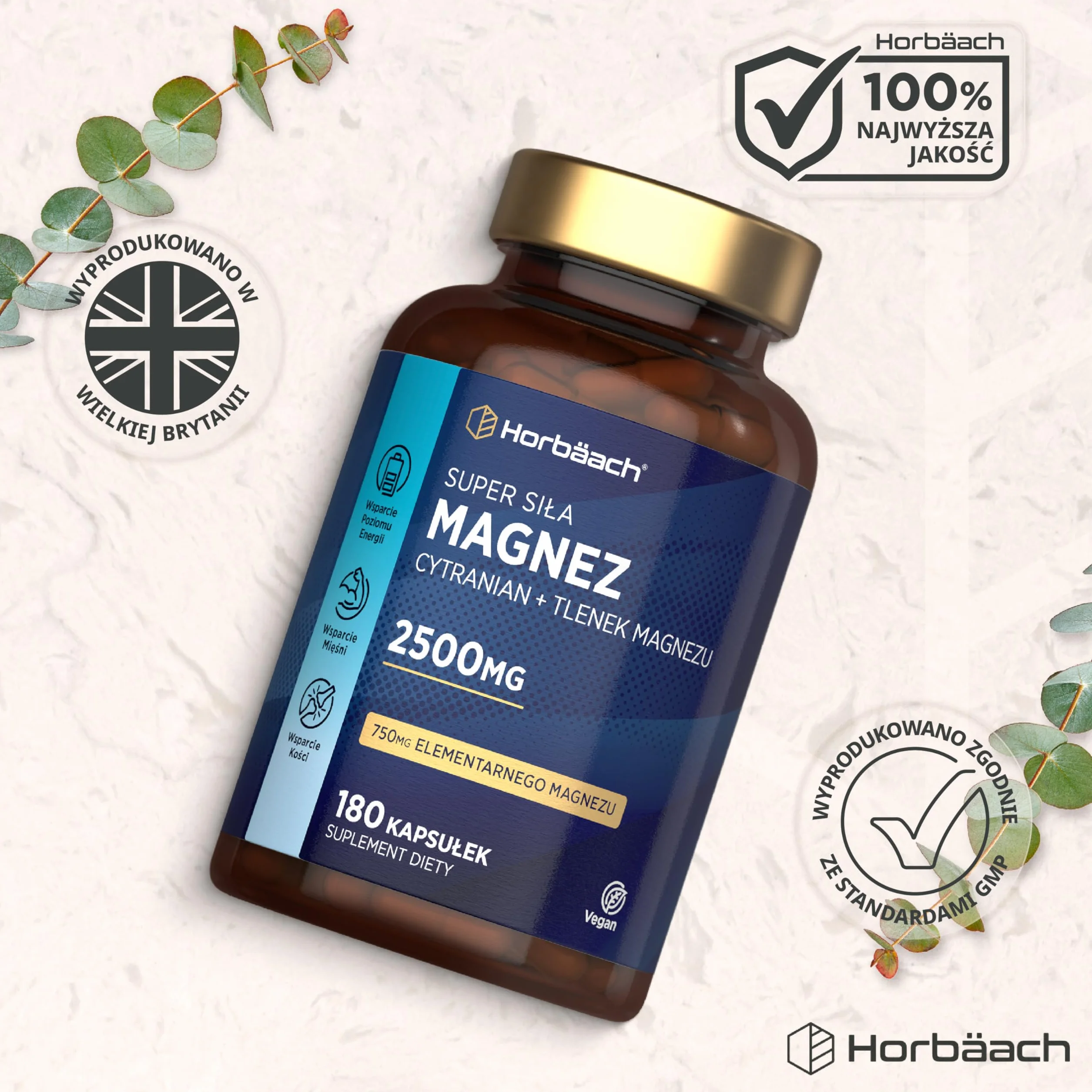 Cytranian Magnezu 2500 mg | Wysoka Dawka 750 mg Czystego Magnezu (Magnez Elementarny) | Cytryniany i Tlenki | 180 Kapsułek Wegańskich - Zapas na 2 Miesiące | marki Horbaach