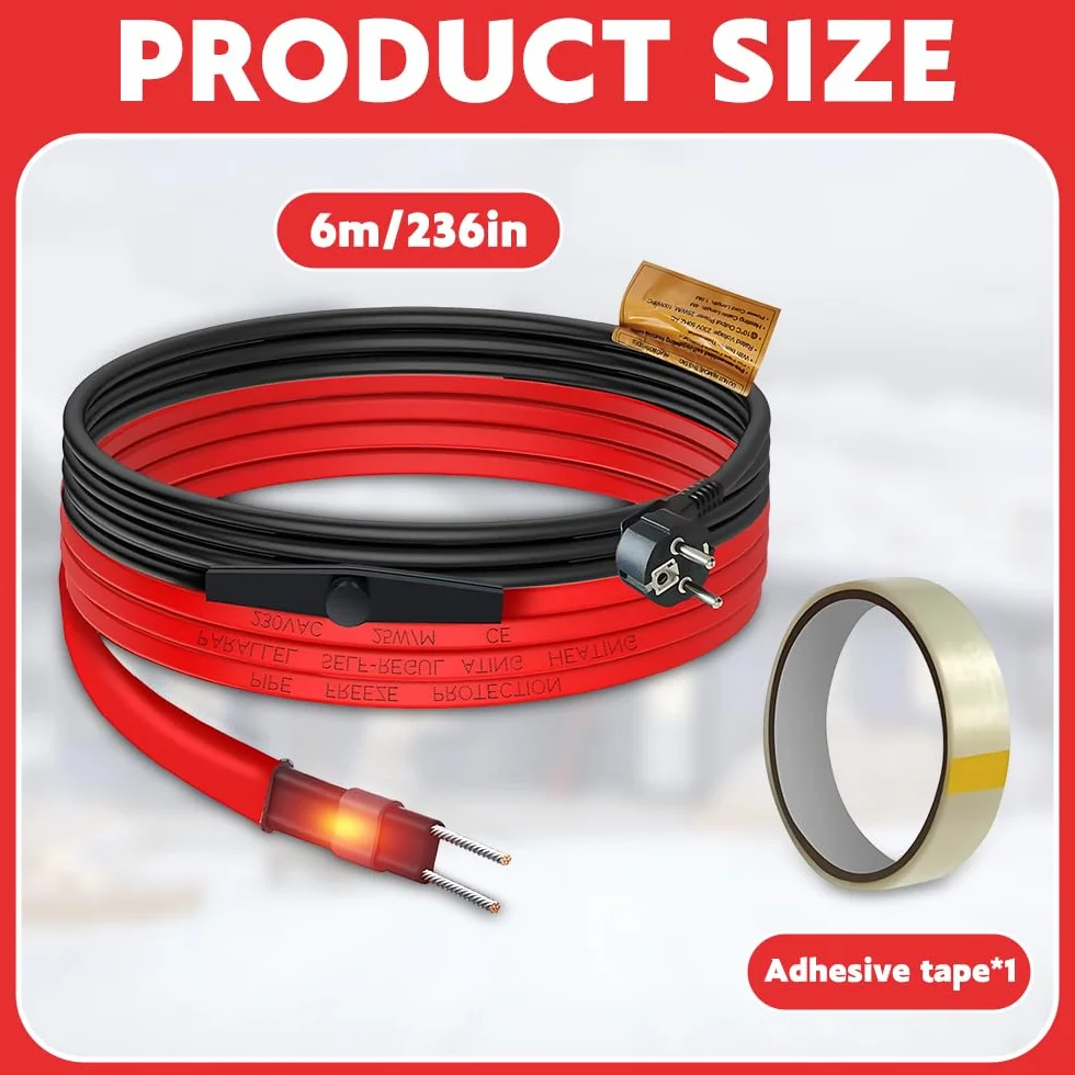 Kabel grzejny 230 V, 6 m samoregulujący się kabel grzejny, ogrzewanie z termostatem, rury grzewcze do rur wodnych, metalu/plastiku, rynny, rośliny