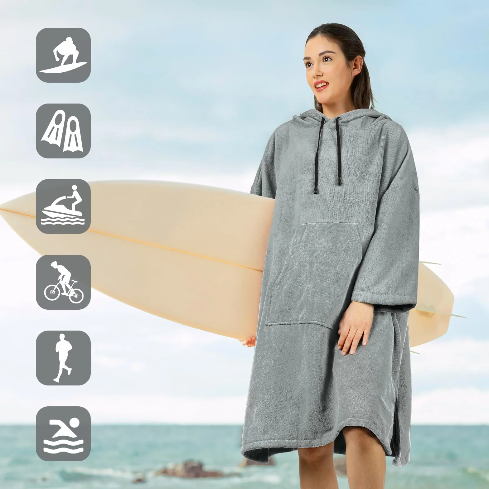 Szlafrok ponczo surfingowe, rękaw 3/4, bardzo duży gruby ręcznik z kapturem, ponczo dla mężczyzn i kobiet, pływanie na plaży, 99 cm x 84 cm, szare