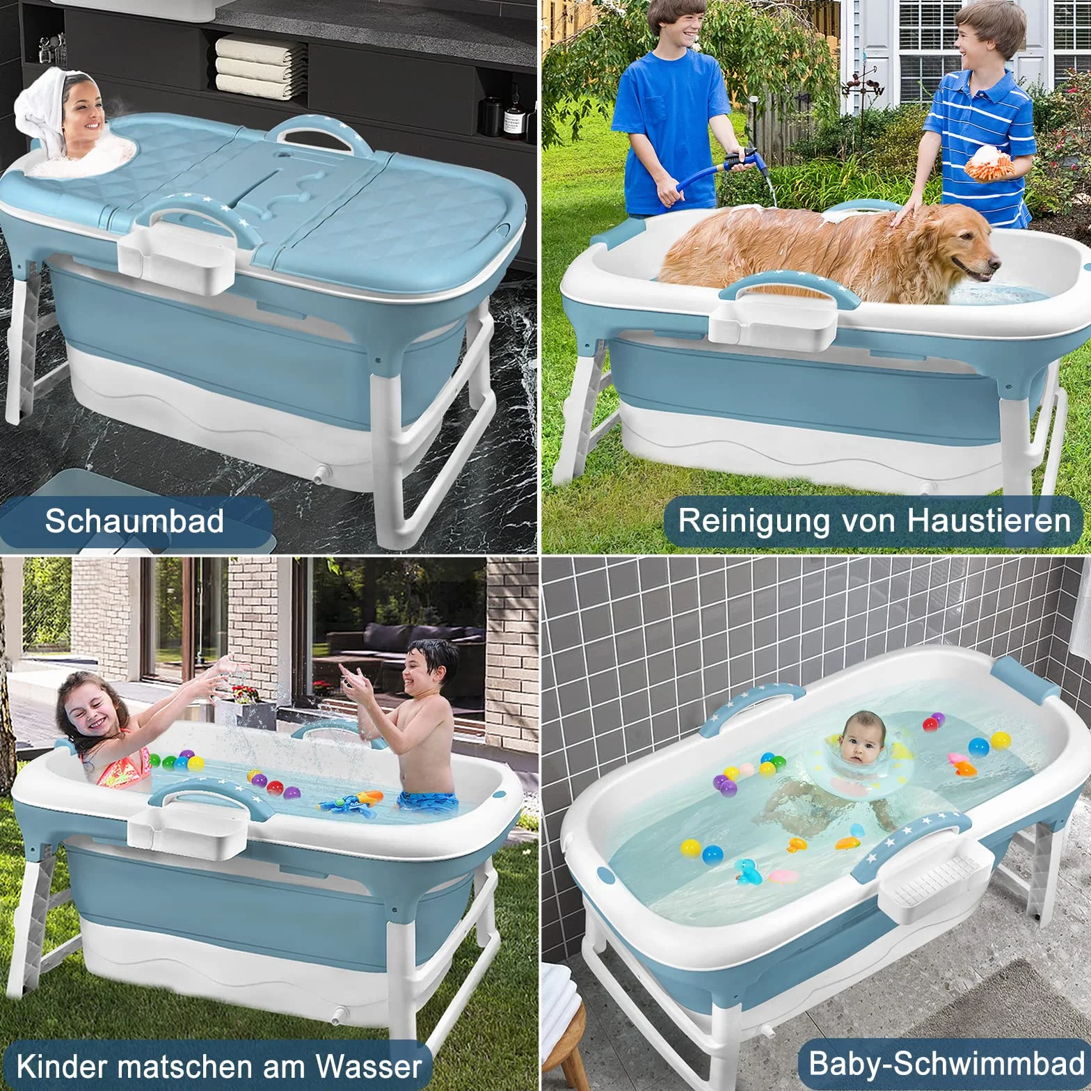 Składana wanna dla dorosłych, 118 x 62 x 52 cm, składana, z pokrywą, rolkami do masażu i koszem na mydło – mobilna do małych łazienek i SPA