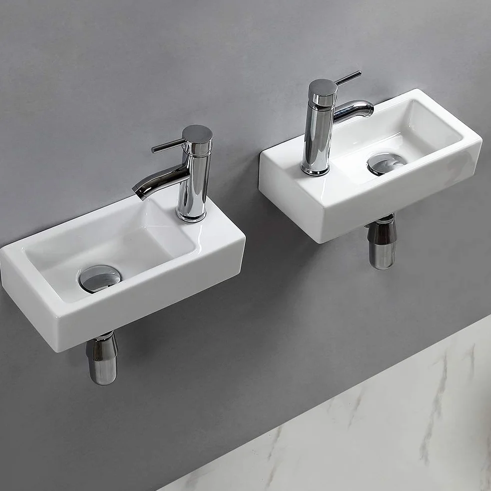 Wisząca mała ścienna ceramiczna umywalka, prostokątny zlew do szatni (lewa)