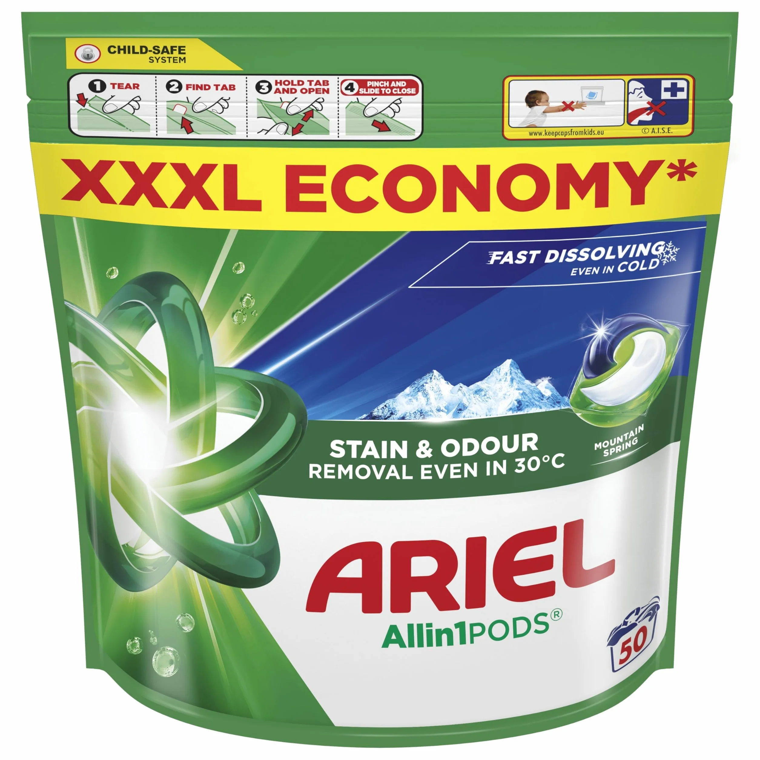 Ariel Allin1 PODS Kapsułki Kapsułki do prania ze środkiem piorącym w płynie, 50 prań, Usuwają zabrudzenia oraz nieprzyjemne zapachy w temperaturze 30°C i szybko rozpuszczają się nawet w zimnej wodzie