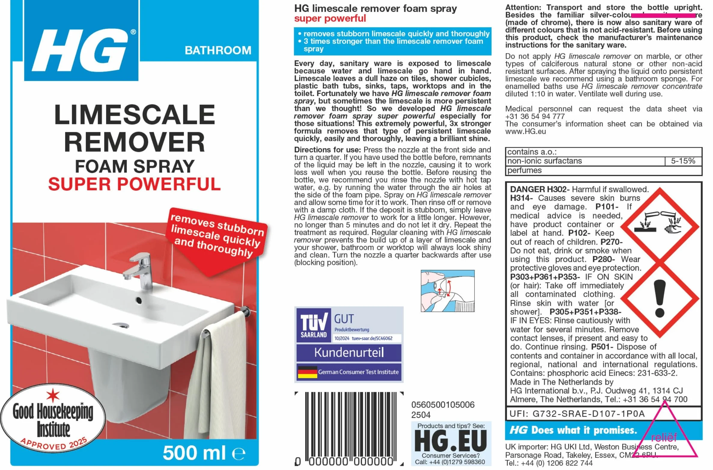 HG Hagesan 605050106 Away Foam Spray 3X Silger 500 ml Skuteczny środek do czyszczenia kamienia łazienkowego - dokładnie usuwa trwałą skalę