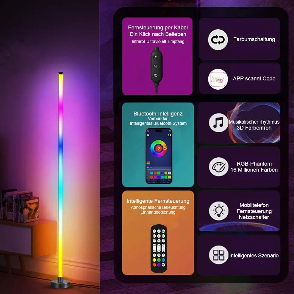 Zestaw 2 lamp stojących LED RGB, możliwość ściemniania, 120 cm, lampa narożna ze sterowaniem za pomocą aplikacji i pilotem zdalnego sterowania, synchronizacja muzyki i tryb DIY, nowoczesna
