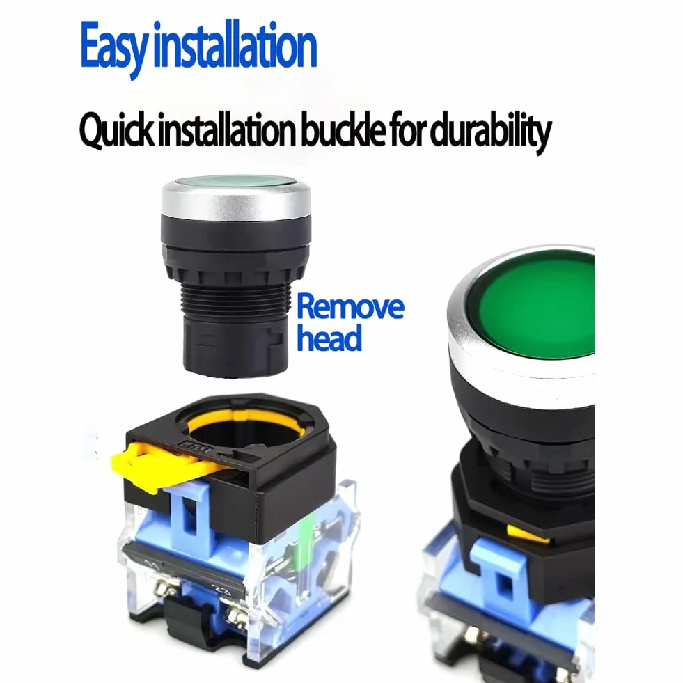 Chwilowy przełącznik przyciskowy czerwony, zielony, żółty, 22 mm, 10 A, 660 V, 4 zaciski, IP54, funkcja Start Stop