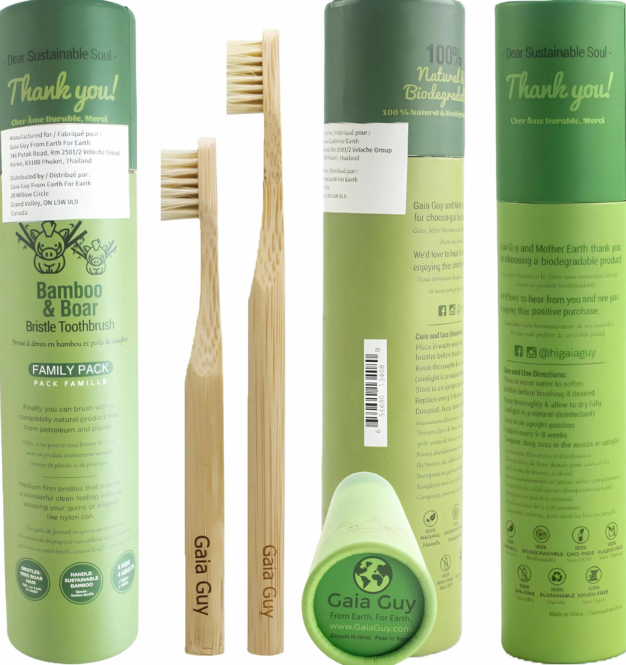 Gaia Guy Rodzinny zestaw szczoteczek do zębów z naturalnego włosia (BEZ nylonu – TYLKO włosie dzika) – całkowicie kompostowalne i biodegradowalne szczoteczki do zębów z włosia dzika i bambusowe