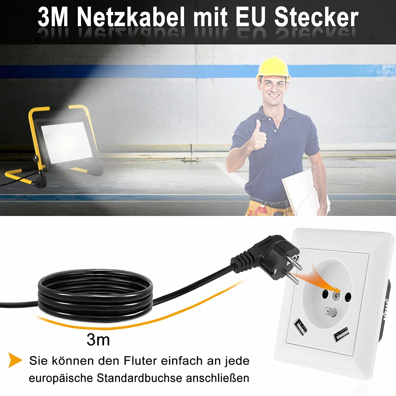 FIVMEN Reflektor budowlany 200 W 16000 lm LED lampa robocza ze stelażem i wtyczką kabla 3 m, IP66, wodoszczelny, do warsztatu, na plac budowy, garażu, ciepła biel