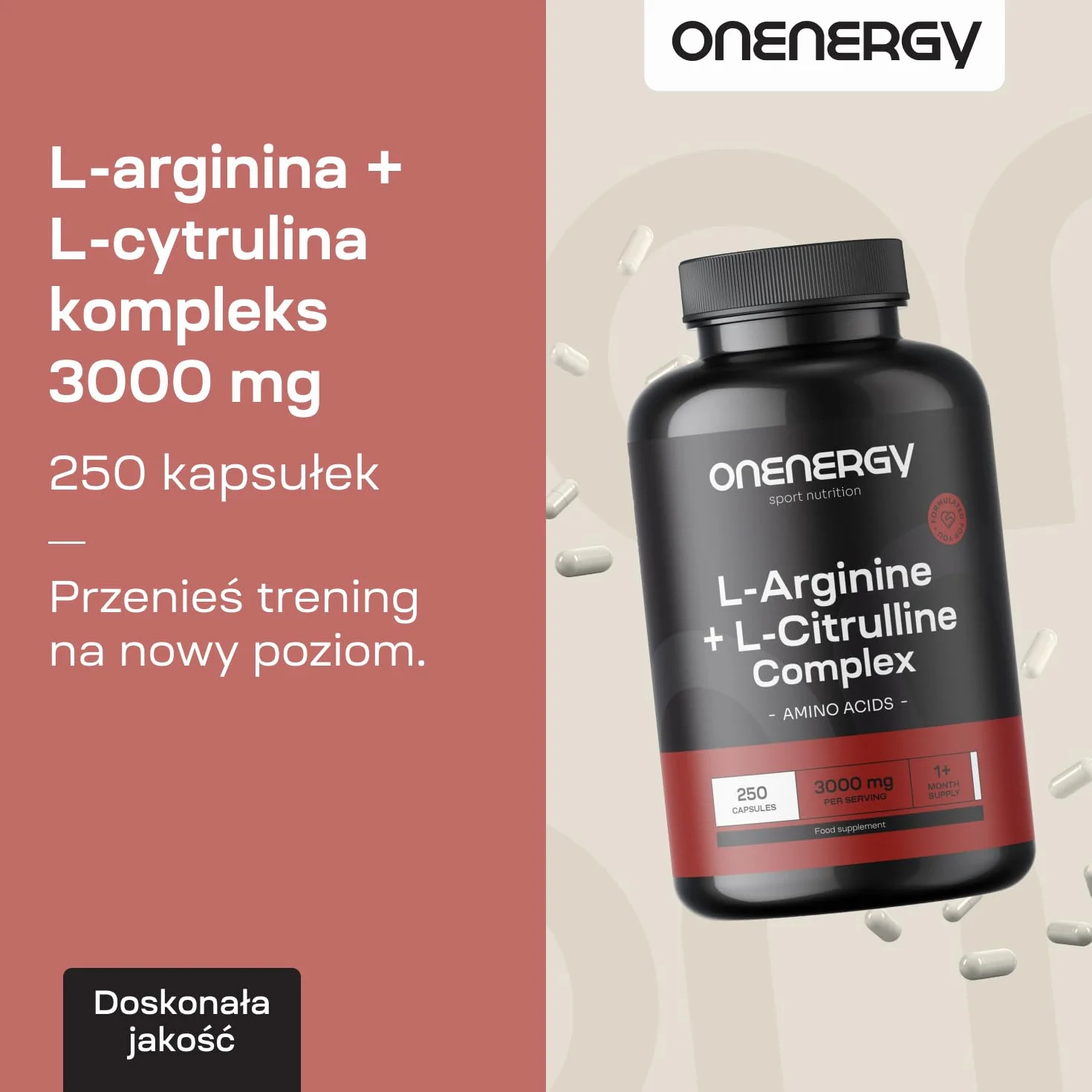 L-arginina + L-cytrulina kompleks 3000 mg od OnEnergy - 250 kapsułek - Wysoka zawartość aminokwasów - Zwiększenie energii - Przyspieszenie regeneracji - Przed i po treningu