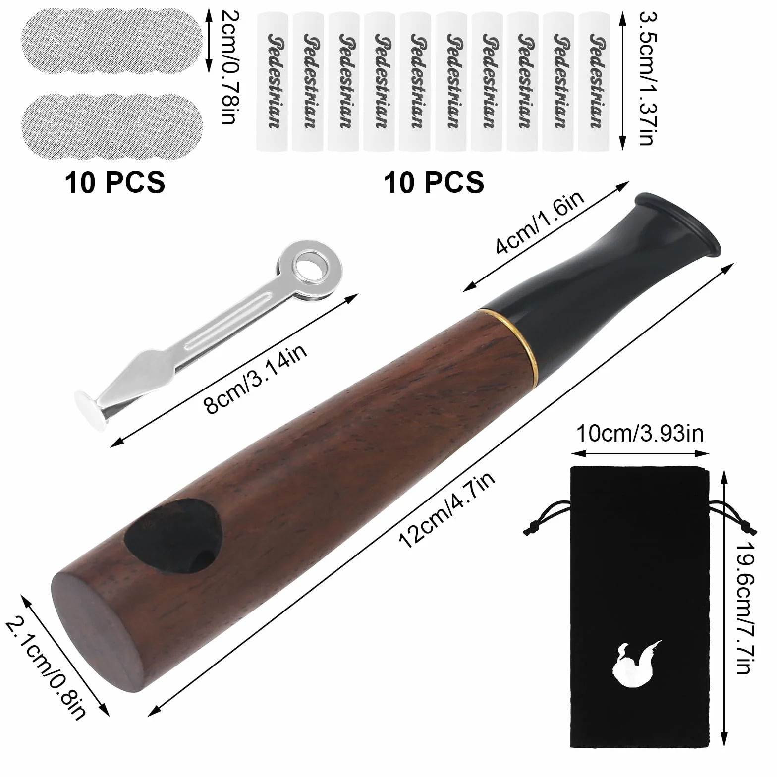 Zestaw fajek drewnianych z filtrem z węgla aktywnego 10 x 8 mm, 10 filtrów ze stali nierdzewnej, gwizdek do tytoniu z akcesoriami do palenia, drewniany gwizdek, wykonany ręcznie do palenia