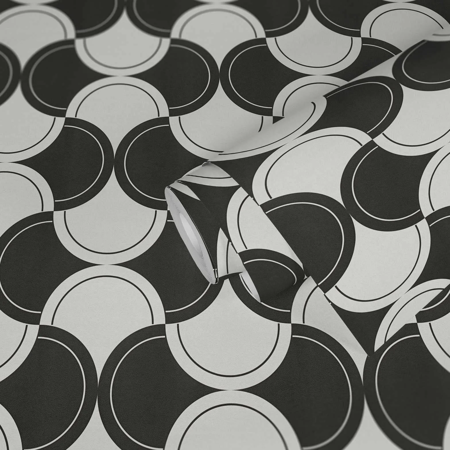 Tapeta retro lata 70. na fizelinie czarno-biała geometryczny wzór koła 10,05 x 0,53 m