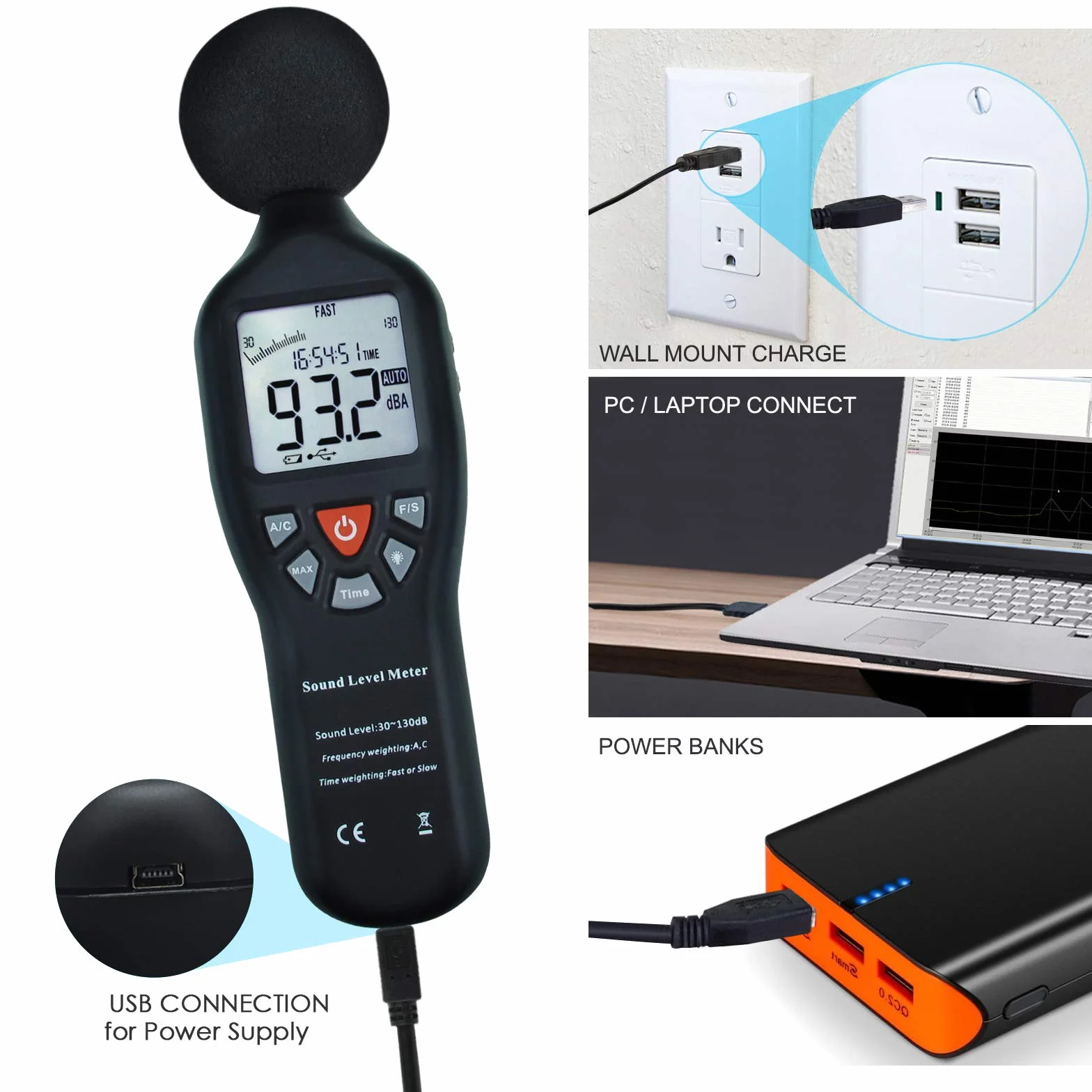 Cyfrowy miernik dźwięku decybel z uchwytem na statyw podświetlany wyświetlacz o wysokiej dokładności pomiar 30dB-130dB z dużym ekranem LCD kompaktowy instrument