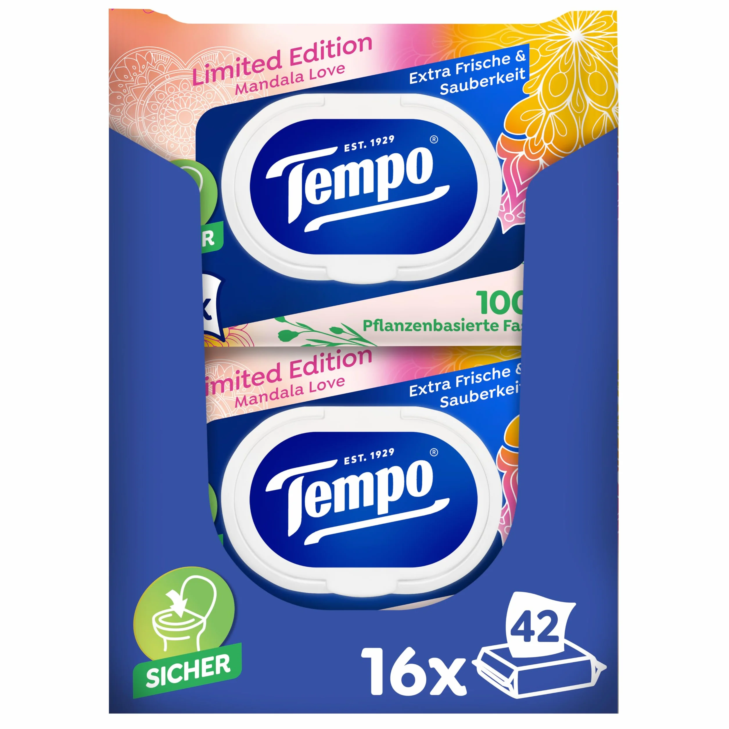 Tempo Mein VerwöhnMoment Limited Edition mokry papier toaletowy – zmieniające się wzory, bez barwników, możliwość ponownego zamknięcia, opakowanie ekonomiczne, 16 x 42 chusteczki nawilżane