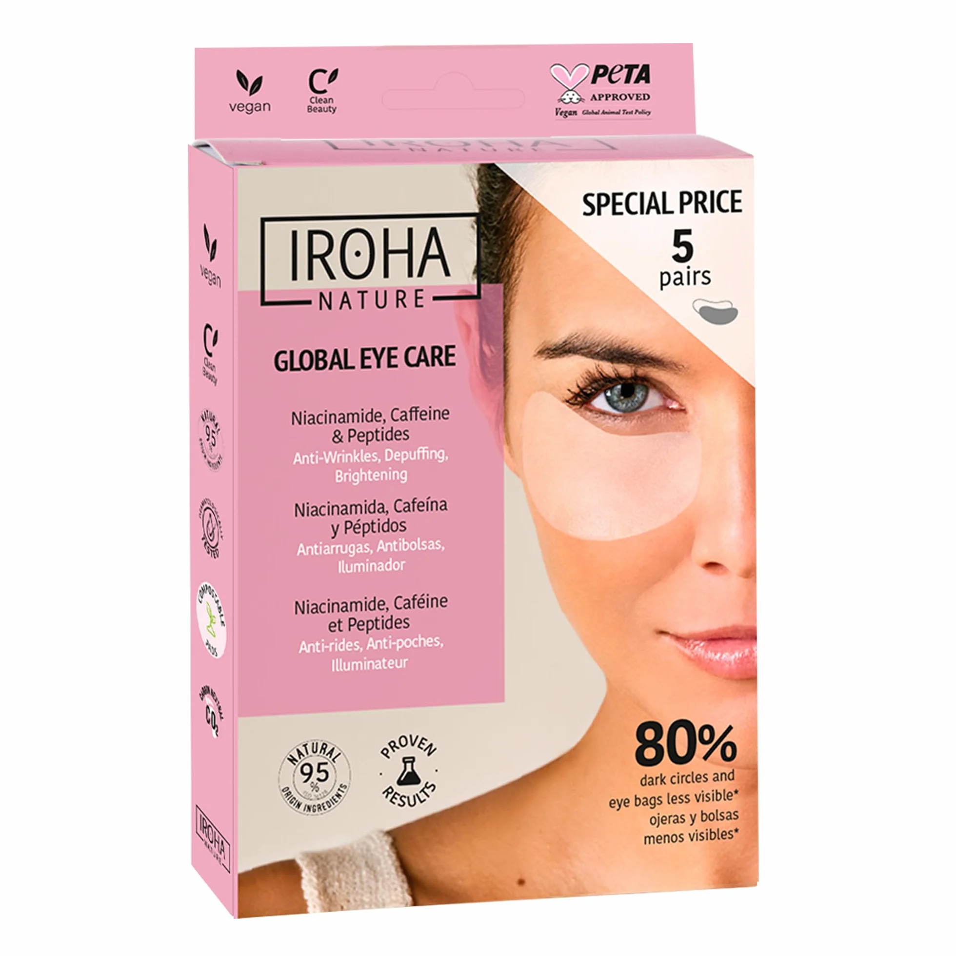 Iroha Nature Przeciw starzeniu się łaty do oczu Niacynamid Kofeina Peptydy Redukcja zmarszczek Kwas hialuronowy Wegańskie