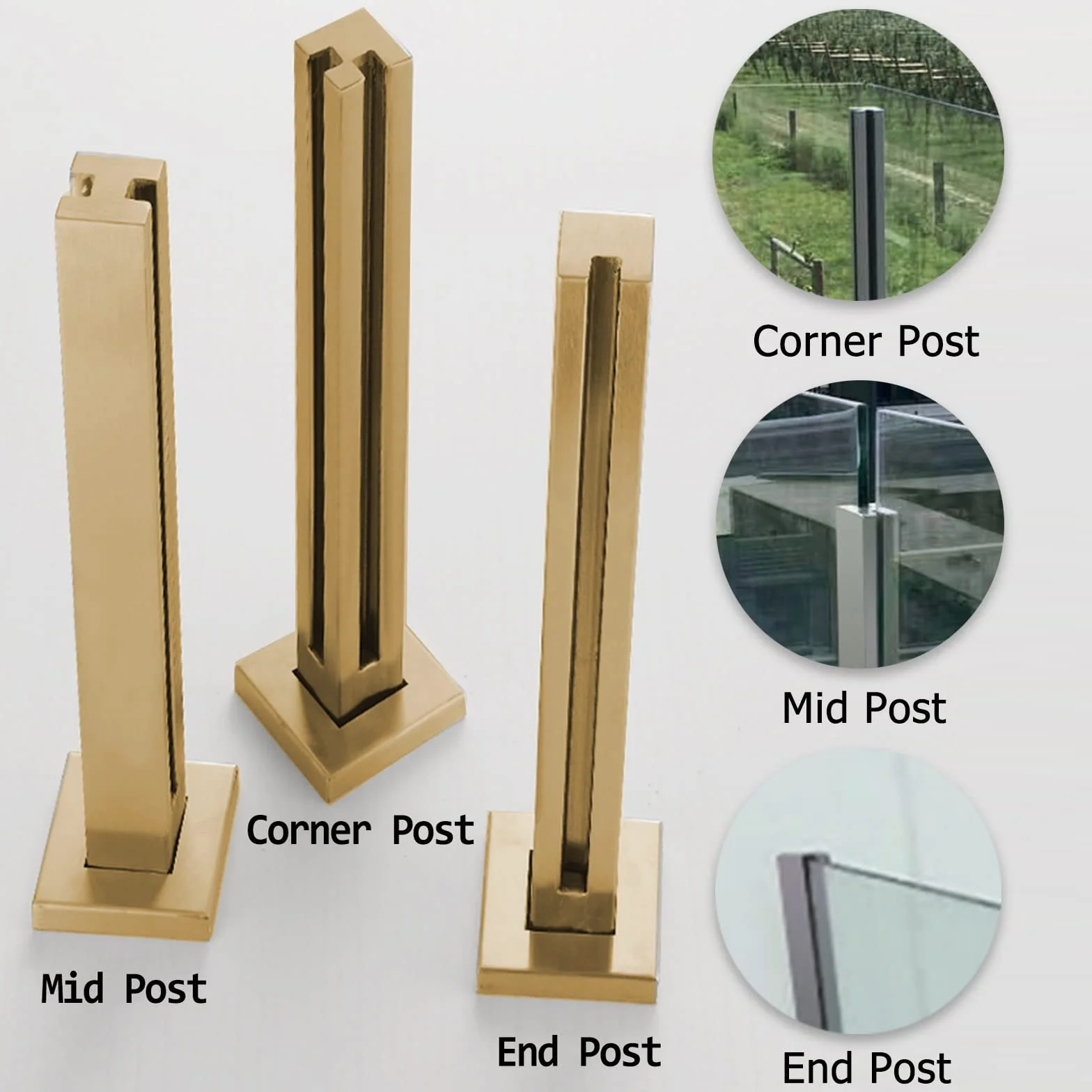 Złoty szklany słupek balustradowy na balkon i schody, 8-12 mm, wspornik panelu ze szkła hartowanego, kompatybilny z metalem/drewnem, wysokość 125 cm / 49.2in, elegancki design do użytku na zewnątrz