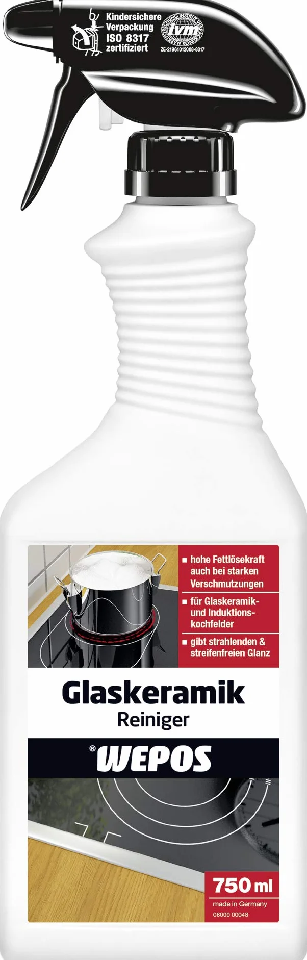 Wepos Środek czyszczący do szkła ceramicznego 750 ml | wysoka moc rozpuszczania tłuszczu | nadaje się również do płyt indukcyjnych | połysk bez smug