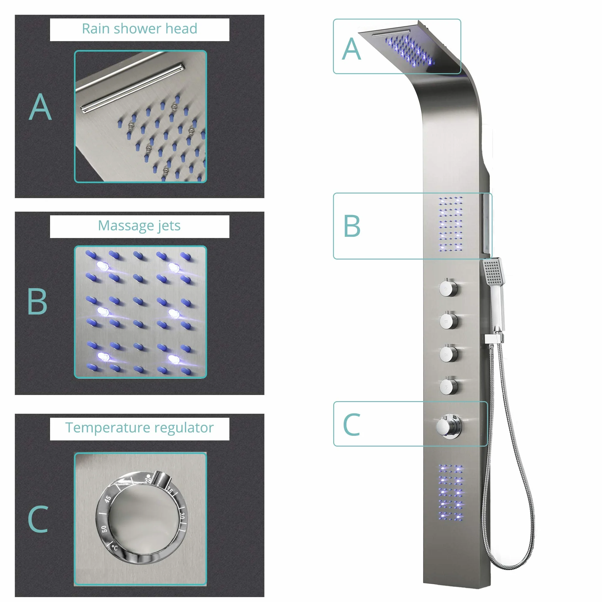 Elbe Panel prysznicowy ze stali nierdzewnej z termostatem, 2 dysze do masażu, prysznic z wodospadem, deszczownica, słuchawka prysznicowa, niebieska lampa LED, system prysznicowy 165 x 20 x 7 cm w