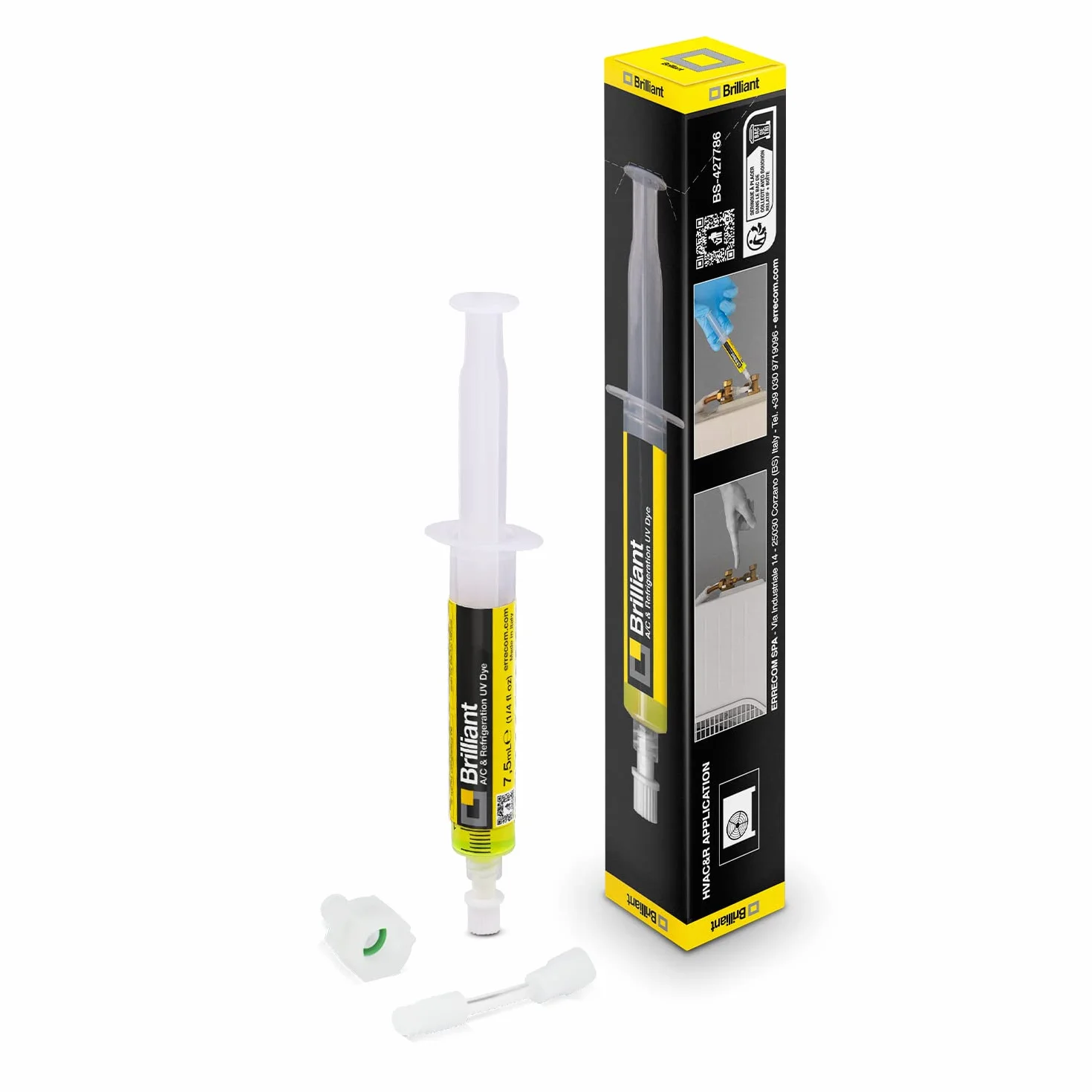 Errecom Brilliant - 7,5 ml Barwnik Fluorescencyjny UV do wykrywania Wycieków Czynnika Chłodniczego w urządzeniach Klimatyzacyjnych i Chłodniczych, w zestawie adapter 5/16 SAE