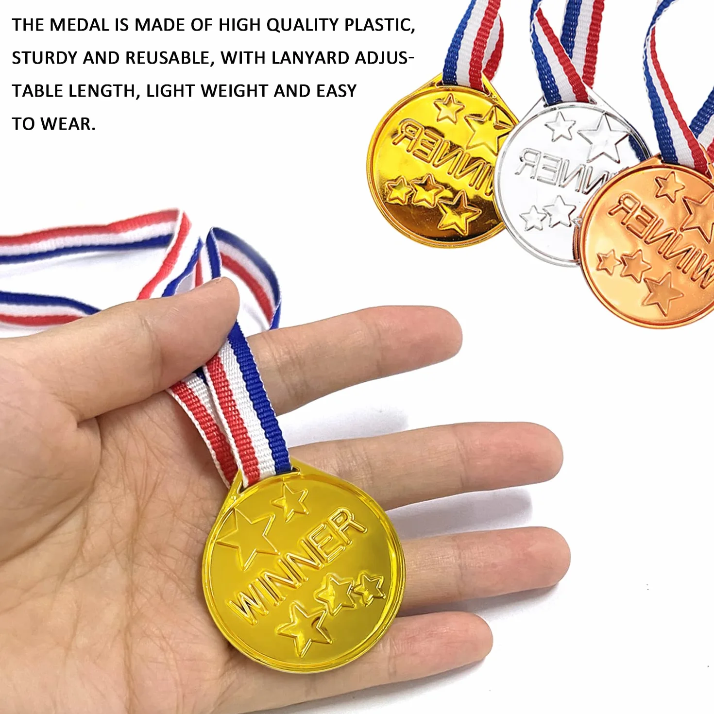 15 sztuk medalików dla dzieci, plastikowych medalików, zwycięskich medalików, nagrody na zawody sportowe dla dzieci, złota, srebra i brązu z paskiem