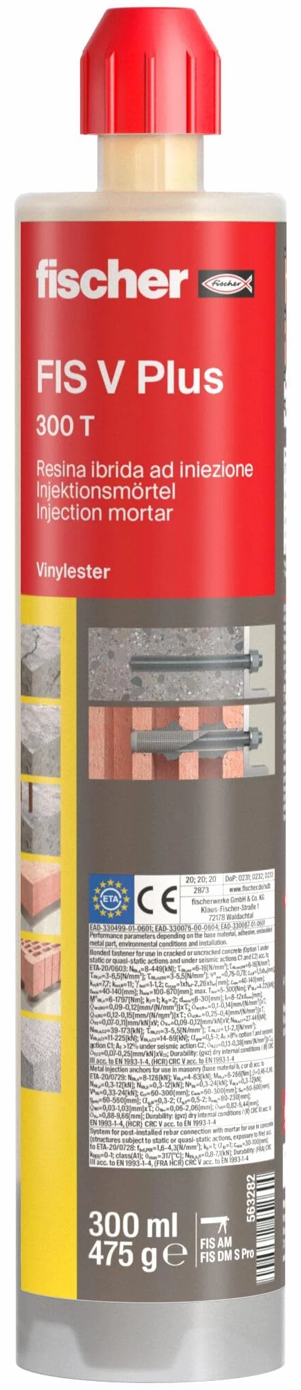 Fischer FIS V PLUS 300 T - Strukturalna kotwa chemiczna do betonu i muru, wkład 300 ml z 2 mieszaczami, do pistoletu silikonowego, wysokiej wydajności żywicy hybrydowej