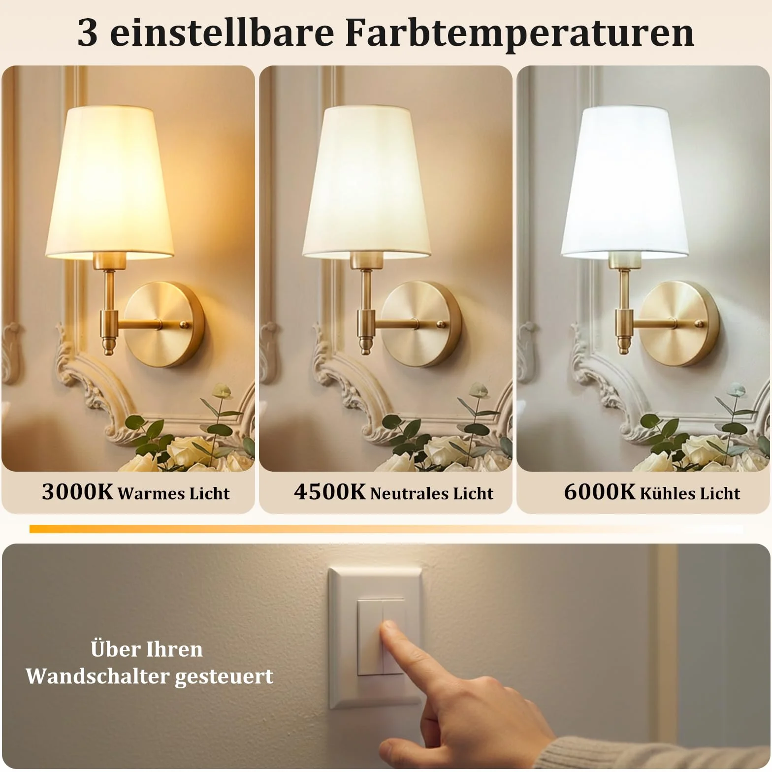 Zestaw 2 lamp ściennych LED do wnętrz, retro złote lampy ścienne do łazienek, styl industrialny, 3000K-6000K z kloszem z tkaniny, lampy ścienne do sypialni, salonów i klatek schodowych