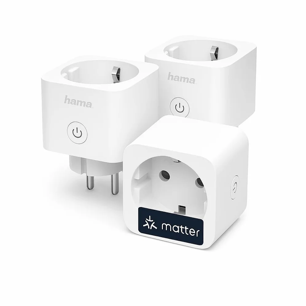 Hama Gniazdko Wi-Fi, 3-pak (z Matter Smart Home, uniwersalne, sterowane Wi-Fi gniazdko z aplikacją i sterowaniem głosowym, jako programator czasowy, 3680 W)