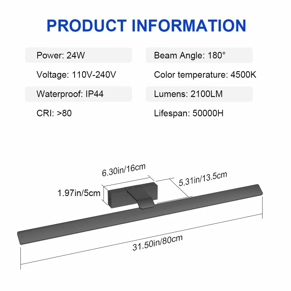 Klighten Lampa LED do lustra łazienkowego 80 cm 24 W 100 lumenów IP44 4500 K czarna