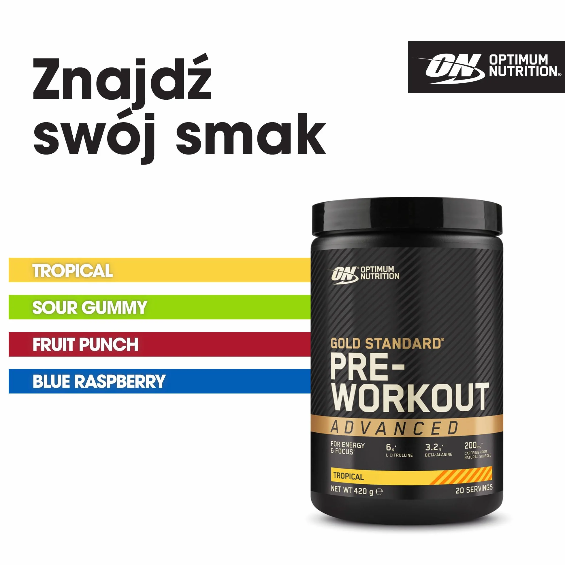 Optimum Nutrition Gold Standard przedtreningowa odżywka energetyczna z monohydratem kreatyny, beta-alaniną, kofeiną i wit. B12 i B6, smak Tropical, 20 porcji, 420 g