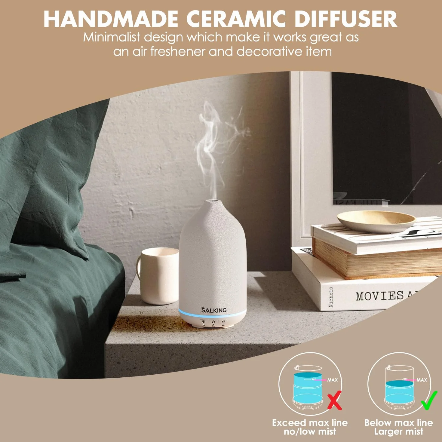 SALKING Dyfuzor olejków eterycznych ceramiczny 150 ml ultradźwiękowy z 7 kolorami LED