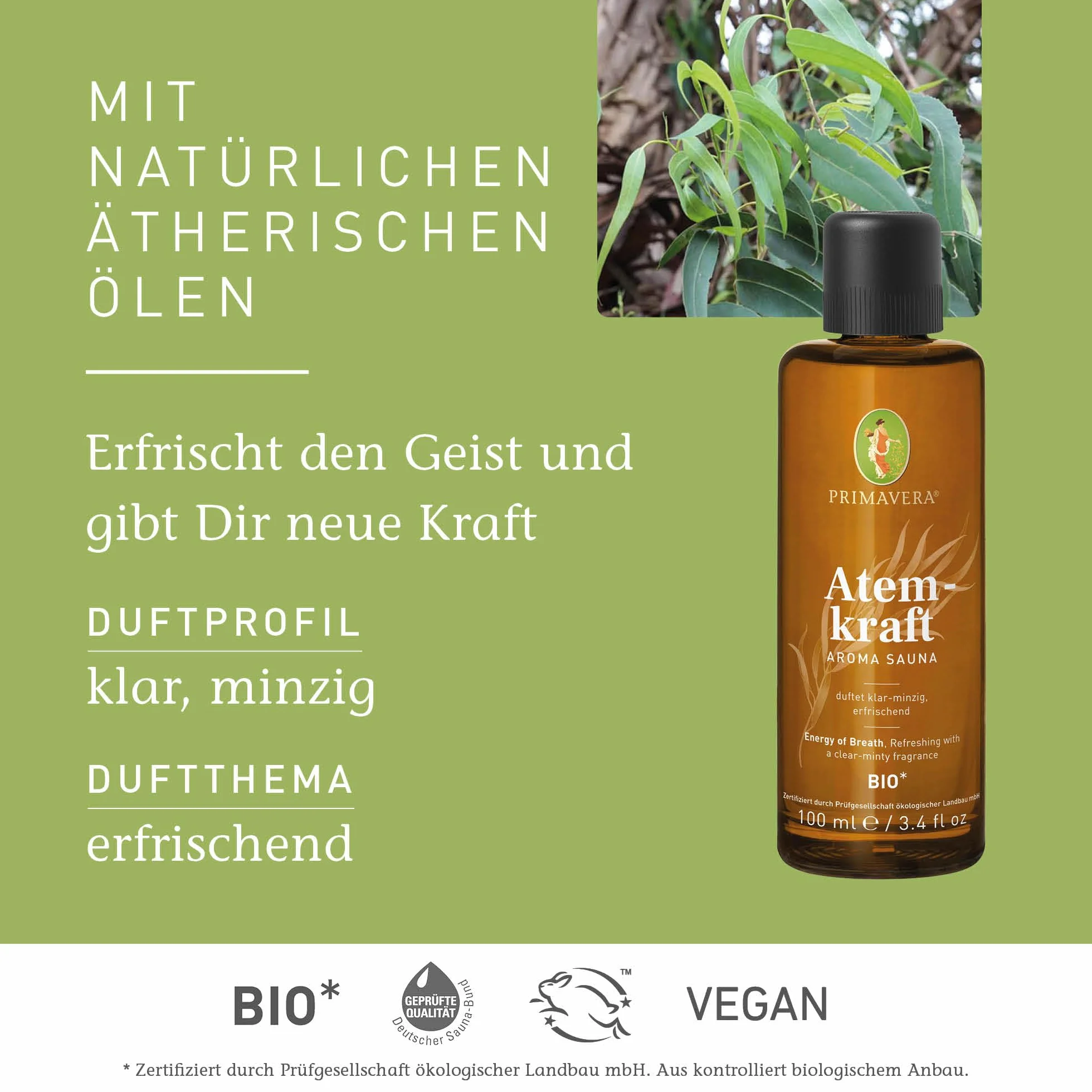 PRIMAVERA Aroma Sauna bio 100 ml – olejek do sauny, aromaterapia – jasno-miętowy zapach – odświeżający – wegański