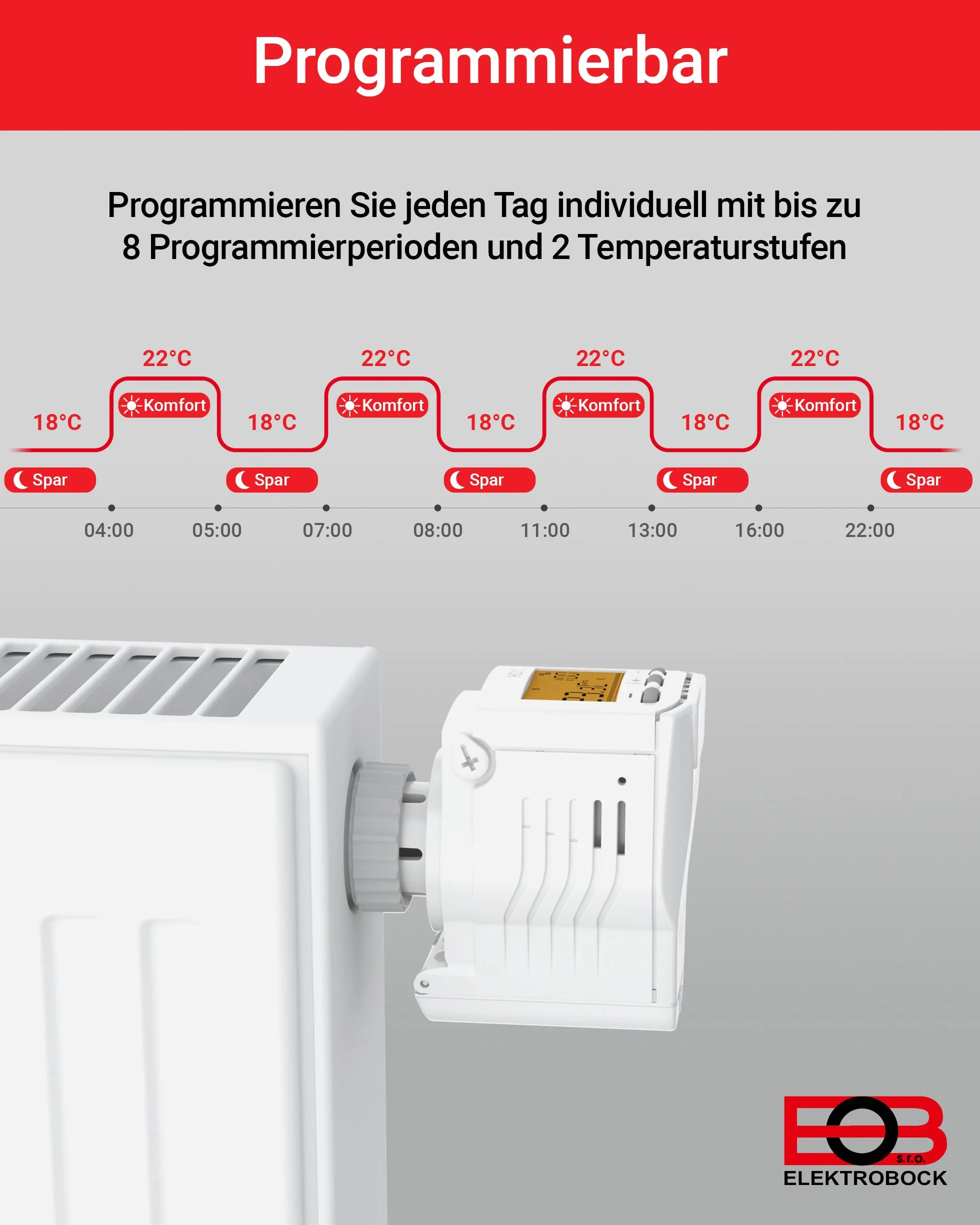 Elektrobock HD13-L programowalny termostat grzejnikowy, 280 W, 230 V, biały, kompaktowy