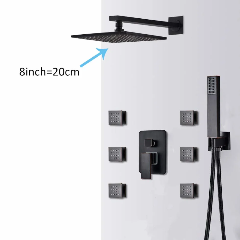 Zestaw baterii prysznicowej LED w kolorze czarnym deszczownica LED 6 dysz masujących SPA 3-drożny mieszacz wody ciepłej i zimnej system prysznicowy do wanny,Zestaw 8-calowy
