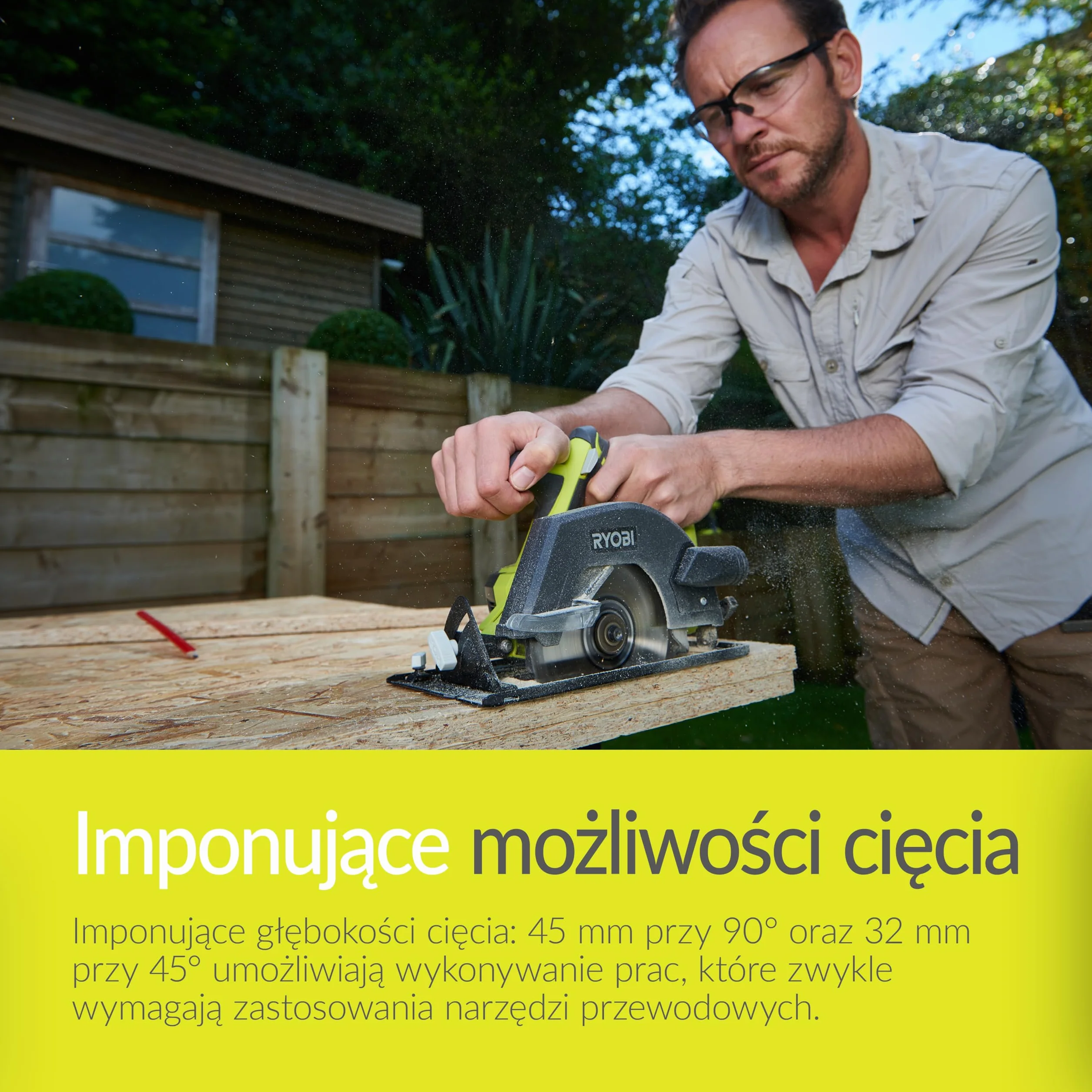 Ryobi Pilarka tarczowa 18V, R18CSP-0, średnica tarczy 150 mm, regulacja kąta 0-56 stopni, głębokość cięcia 45 mm przy 90 stopniach oraz 32 mm przy 45 stopniach, wersja bez akumulatora i ładowarki