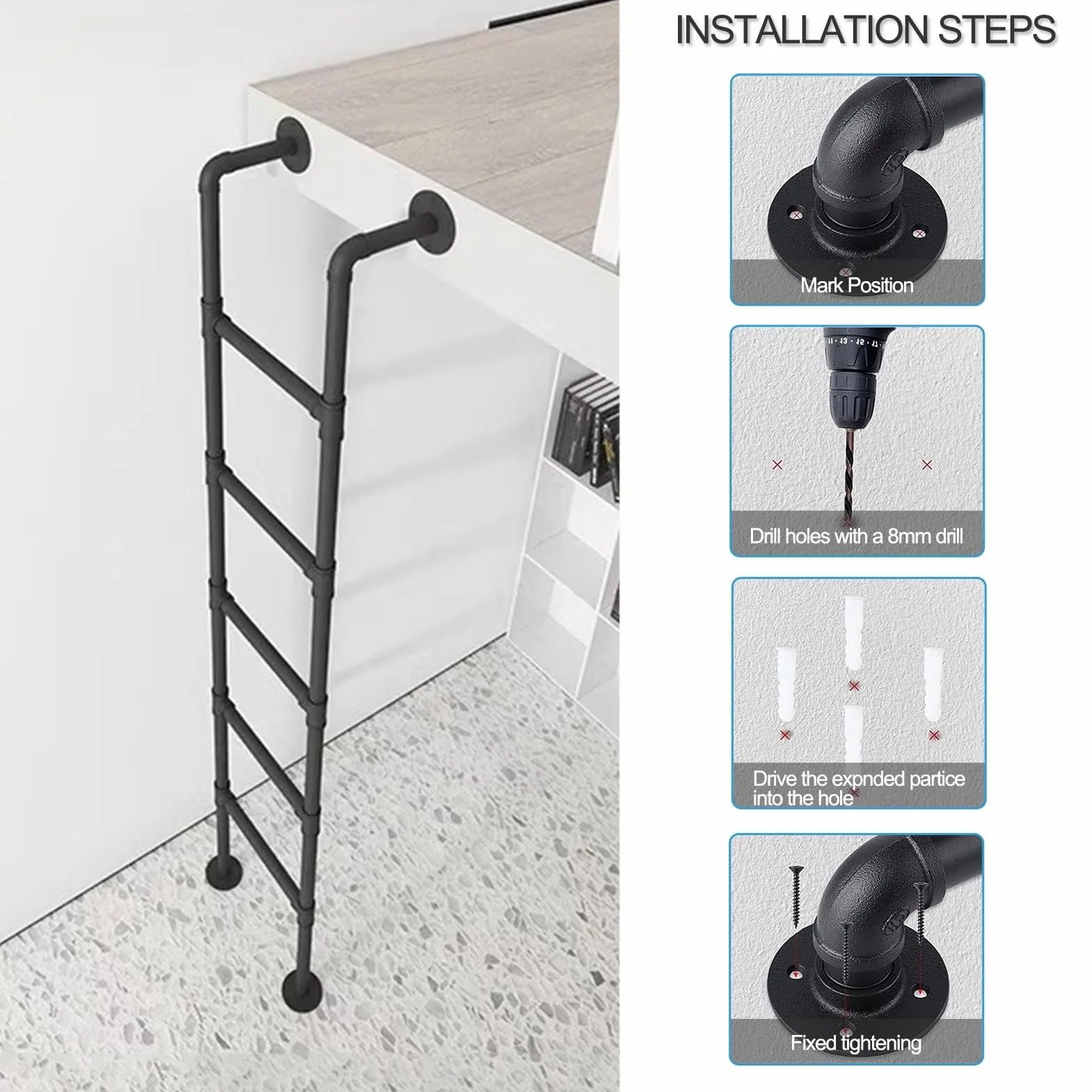 Czarna metalowa drabina do łóżka loftowego montowana na ścianie, schody strychowe drabiny wyjściowe do piwnicy, drabina balustradowa bezpieczeństwa, ładunki 150 kg drabina ewakuacyjna