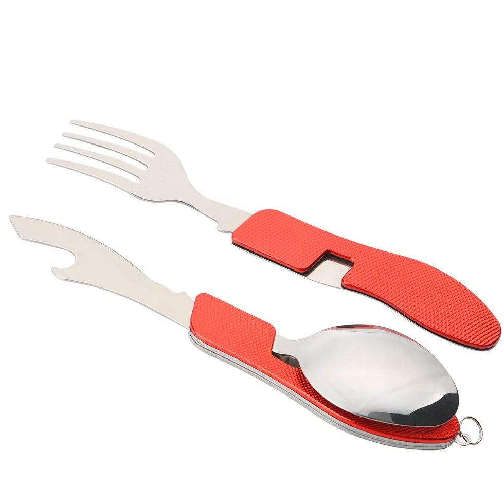 2 szt. Premium sztućce kempingowe 4 w 1, składane sztućce 4 w 1, stal nierdzewna zestaw sztućców kempingowych outdoor, zestaw nóż widelec łyżka otwieracz do butelek (czerwony)
