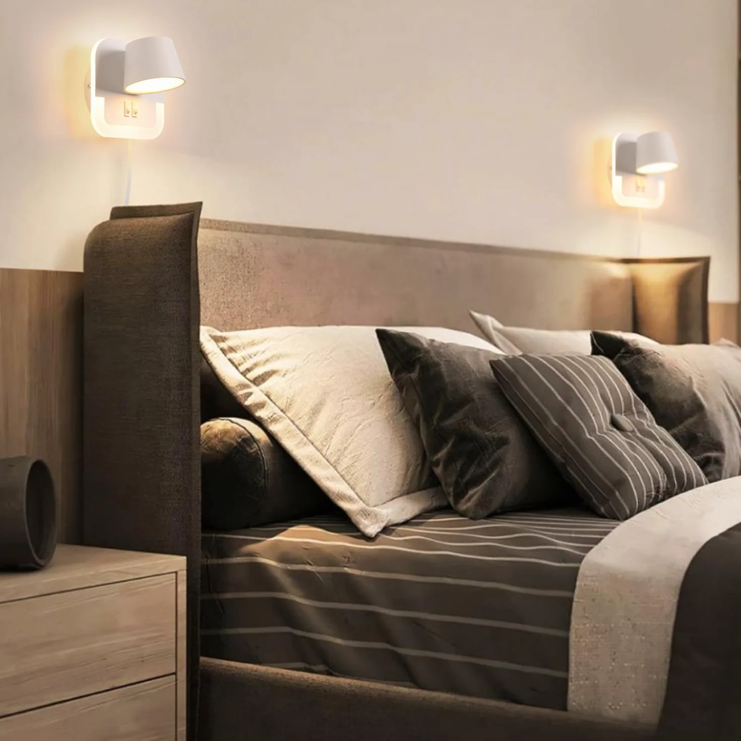 Lampa kinkiet LED, lampka nocna do czytania ściany Z kablem i wtyczką, 4W+8W lampka do czytania książki nocnej, lampka nocna sypialni kinkiet Z wyłącznikiem, Obrotowa głowica lampy, Biały
