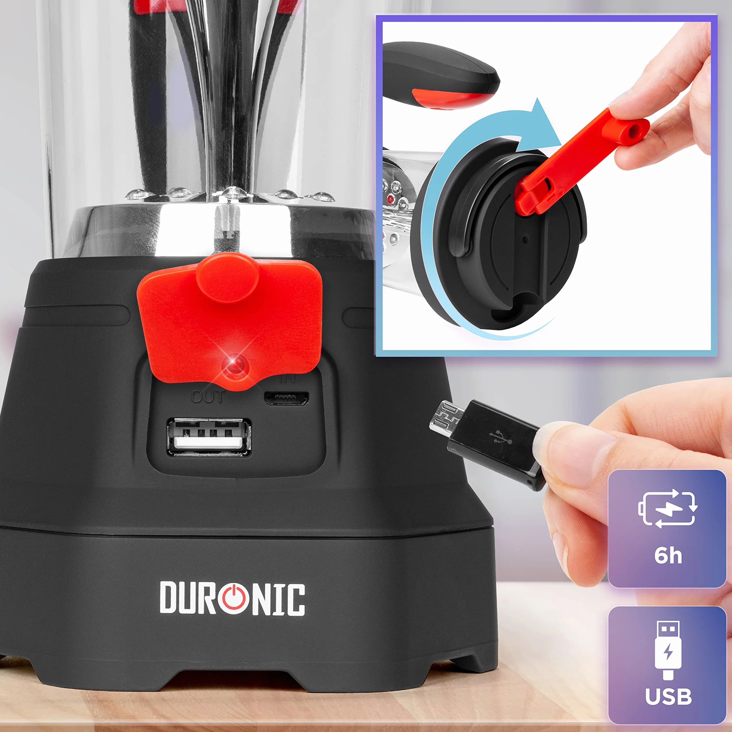 Duronic Hurricane Lampa Turystyczna Dynamo USB SOS | Latarka i Lampa na Biwak | Nie Wymaga Baterii | Ruchoma Rączka i Schowek na Kabel