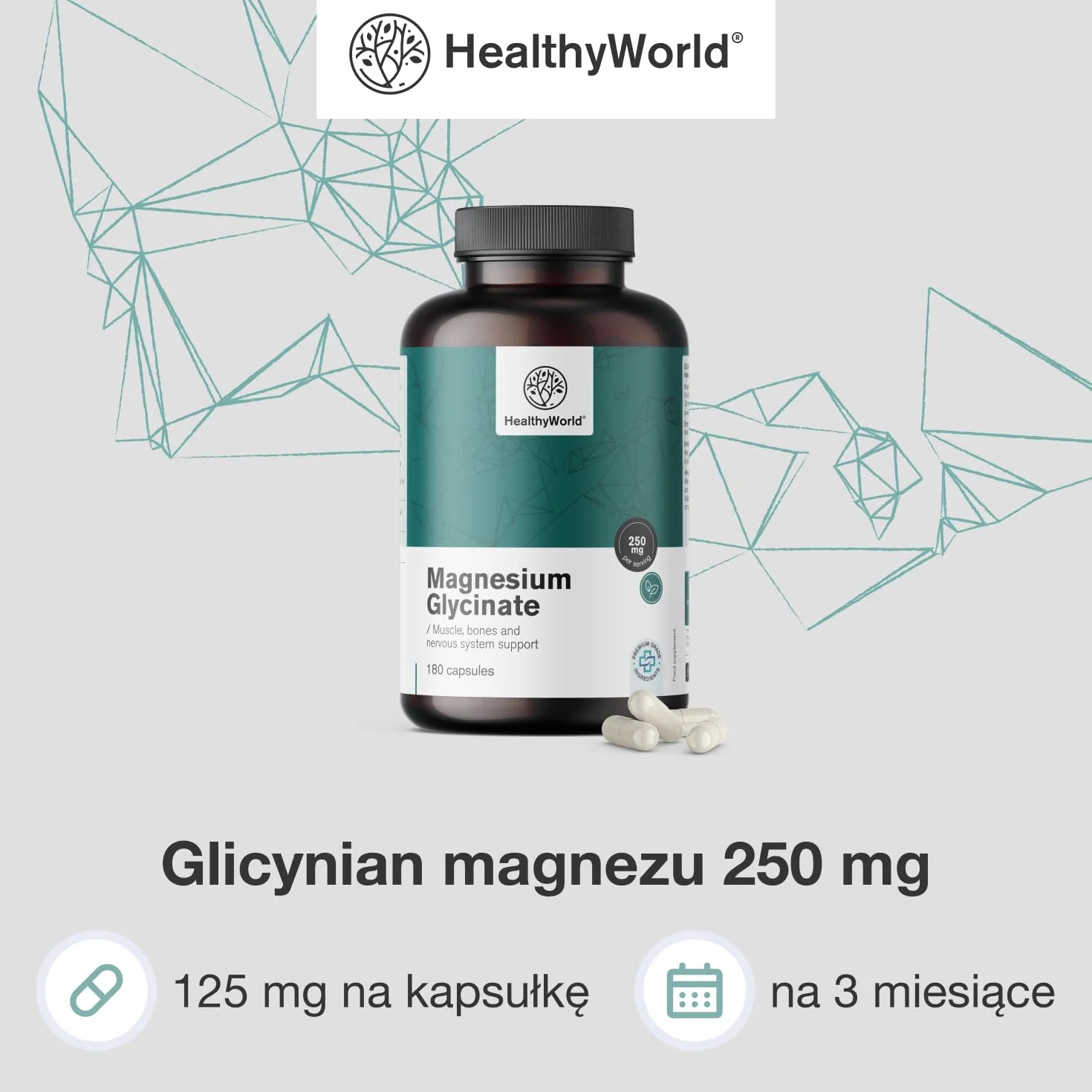 HealthyWorld Glicynian magnezu 250 mg - 180 kapsułek roślinnych - Na wzrost energii i wsparcie mięśni - Trening, kondycja i układ odpornościowy - 125 mg magnezu na kapsułkę - zapas na 3 miesiące