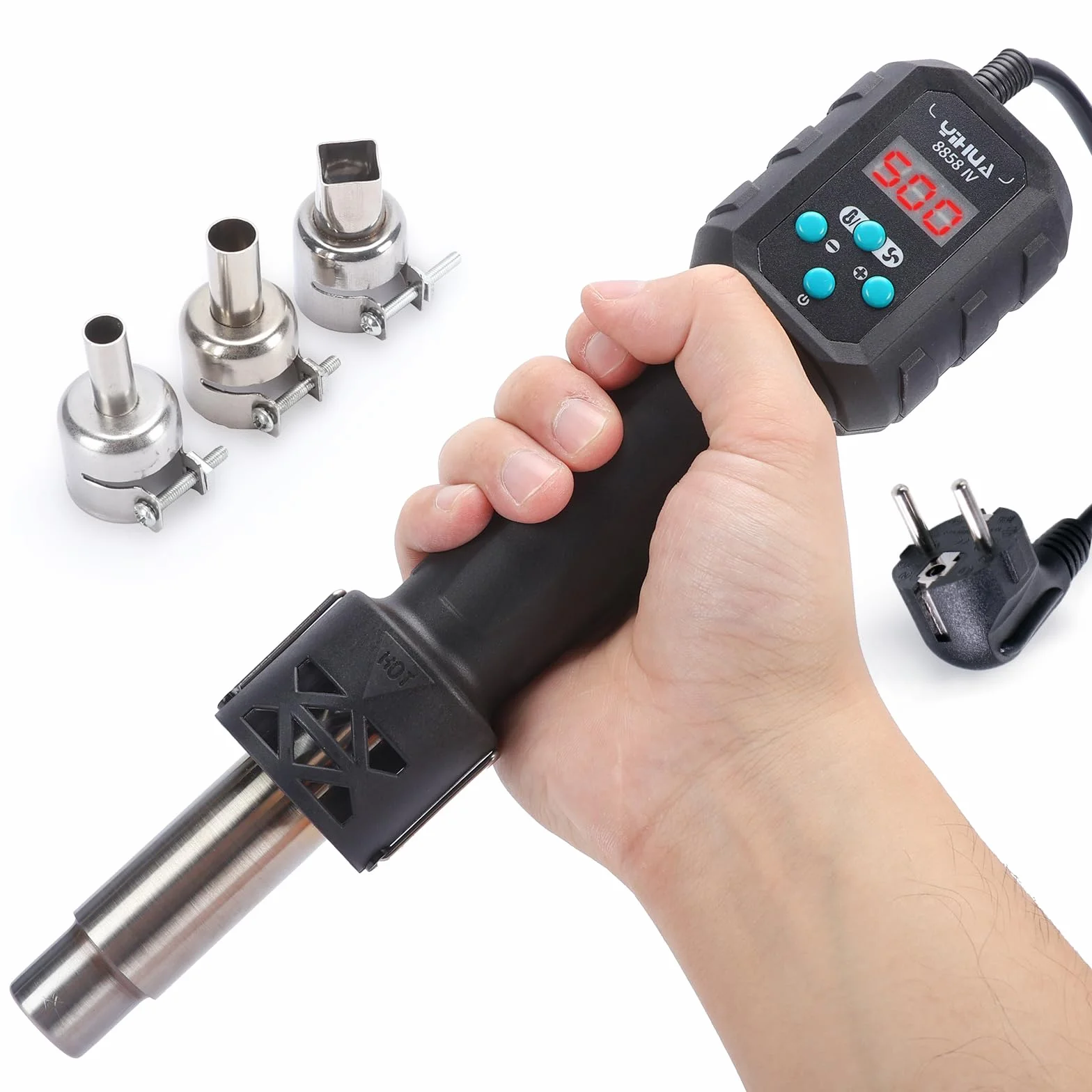 YIHUA 8858-IV wielofunkcyjny pistolet na gorące powietrze do majsterkowania, lutowania elektroniki, DIY, rurka termokurczliwa i folia, palnik lutowniczy z regulacją temperatury i przepływu powietrza