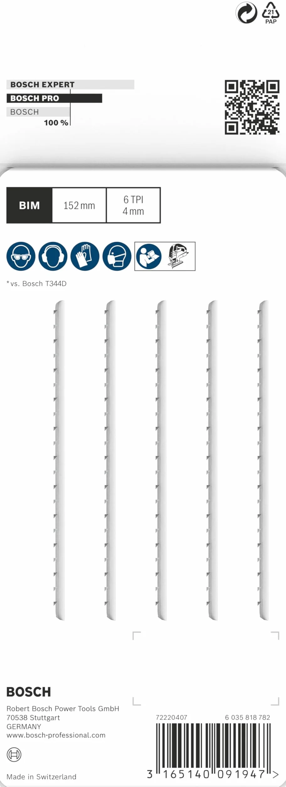 Bosch 5x Brzeszczot do wyrzynarki PRO Hardwood fast T344DF (do Twarde drewno, Płyta wiórowa, Długość 152 mm, Professional Akcesoria Wyrzynarka)