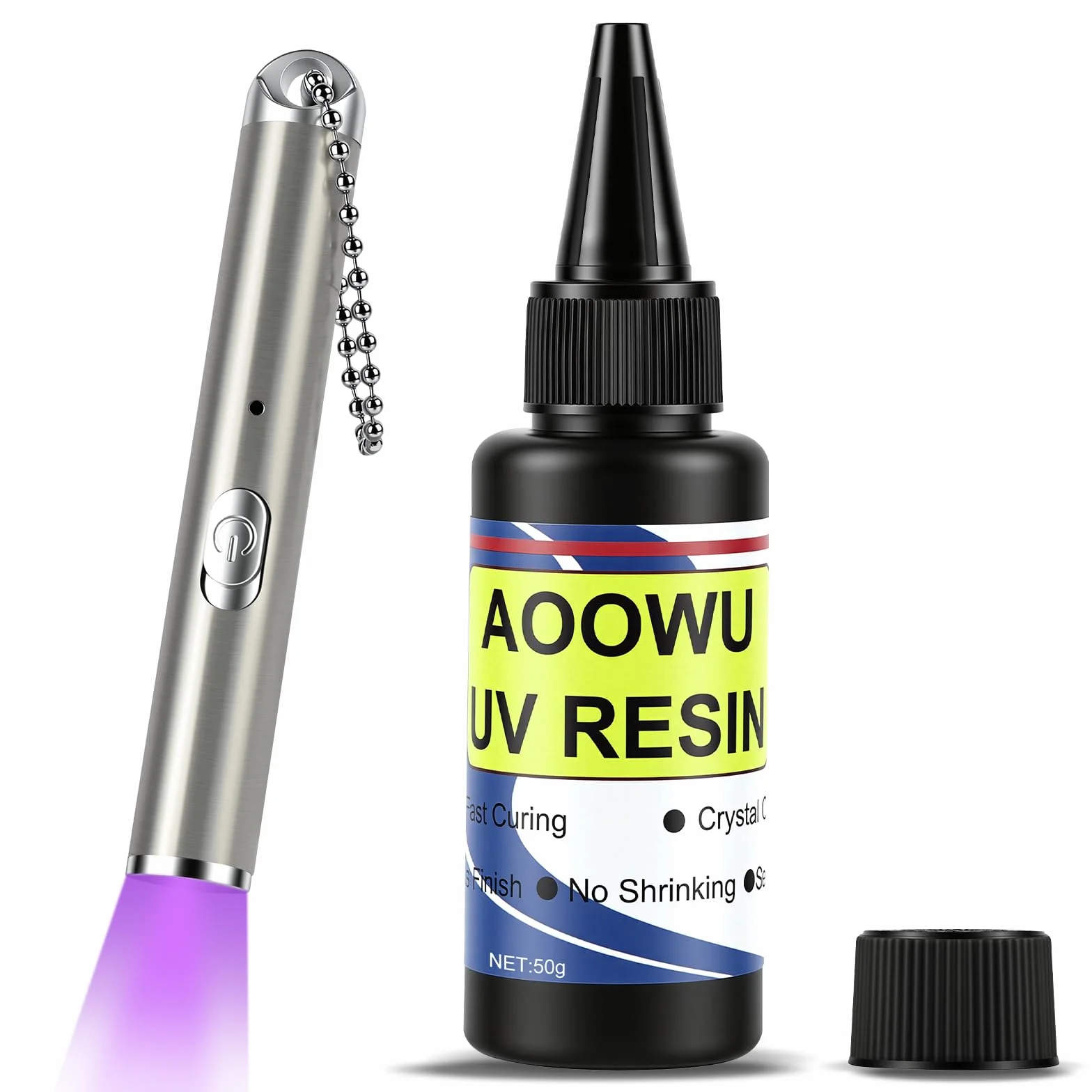 AOOWU Żywica UV z lampą, 50 g klej UV żywica epoksydowa z latarką wielokrotnego ładowania, zestaw żywicy UV 395 nm, szybkie utwardzanie w 5 sekund, do biżuterii, szkła, tworzywa sztucznego i żywicy